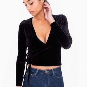 NWT American Apparel Black Velvet Wrap Long Sleeve V-neck Top Y2K M